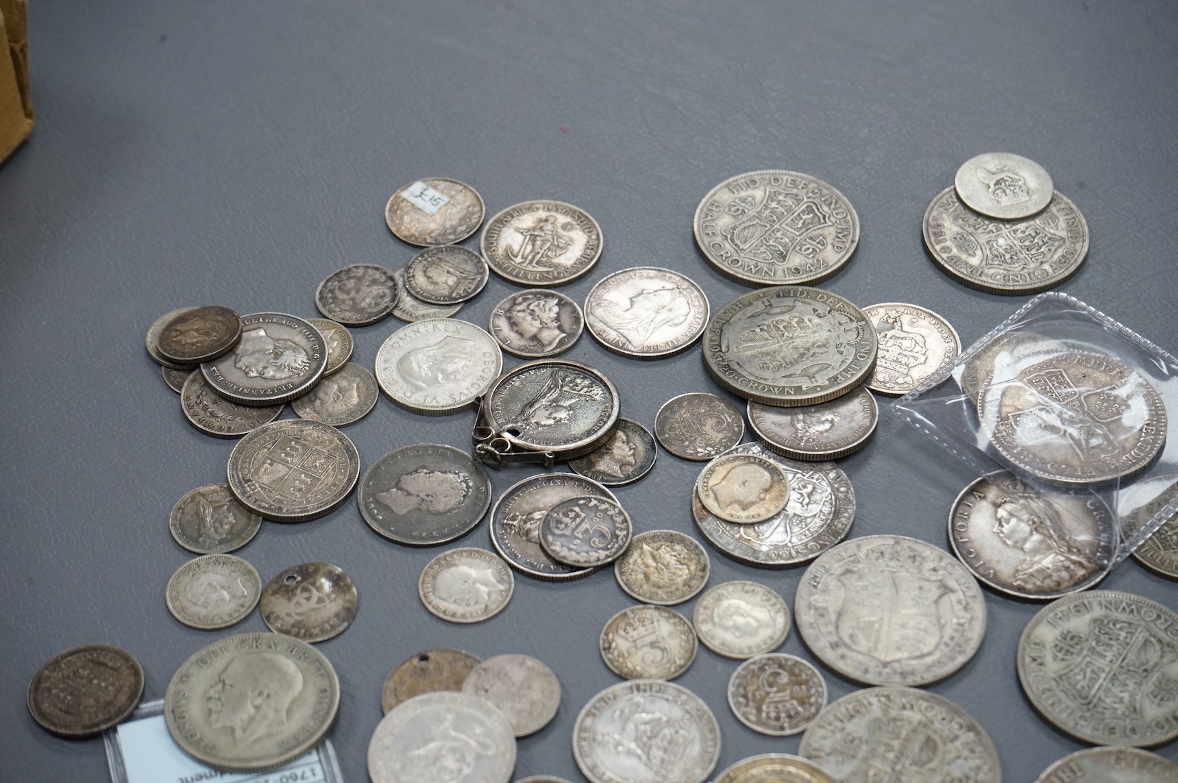 British silver coins, George III to George VI, including George II half crown, 1745, Lima, fine or better, numerous Victoria to George V halfcrowns and florins